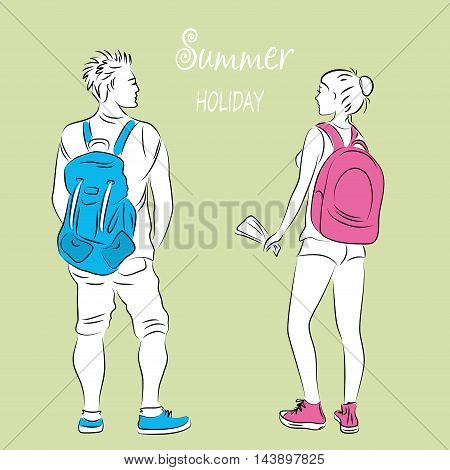 Silhouettes of men and women tourists with backpacks vector illustration