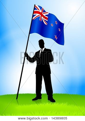 Forretningsmand førende holder nye Zealnd Flag oprindelige vektor Illustration EPS10