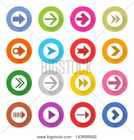16 arrow icon set 01 white sign on color . Web button on white background. Simple minimalistic mono flat long shadow style. Vector illustration internet design graphic element 10 eps
