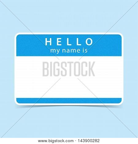 Blue blank name tag sticker HELLO my name is. Rounded rectangular badge with gray drop shadow on color background. Vector illustration clip-art element for design in 10 eps