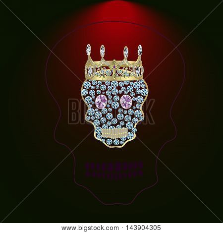 Skull of precious stones on a blue background. With tiara of brilliant