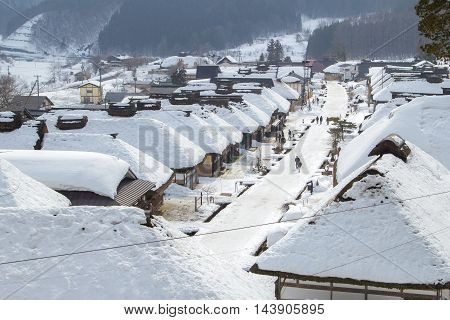 FUKUSHIMA,JAPAN - FEBRUARY 28, 2014: Ouchijuku is a former post town along the Aizu-Nishi Kaido trade route, which connected Aizu with Nikko during the Edo Period.