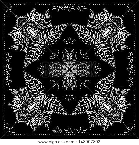Black And White Abstract Bandana Print With  Element Henna Style. Square Pattern Design For Pillow,