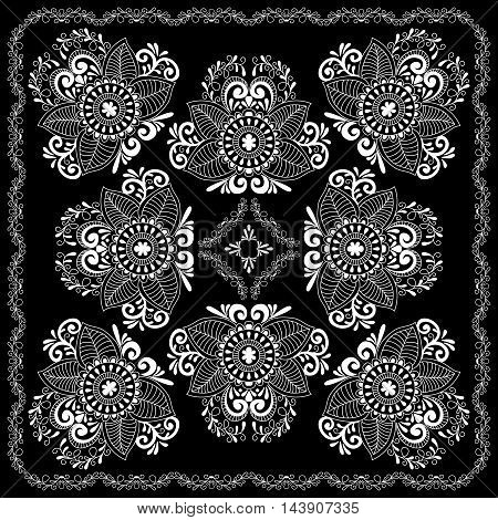 Black And White Abstract Bandana Print With  Element Henna Style. Square Pattern Design For Pillow,