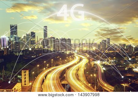 Cityscape and connection concept and 4G LTE font