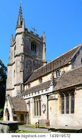 View of St Andrews church in the village centre Castle Combe Wiltshire England UK Western Europe.