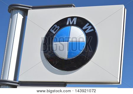 CIRCA AUGUST 2016 - GDYNIA: Logo of BMW. Bayerische Motoren Werke AG is German luxury vehicles, motorcycle, and engine manufacturing company founded in 1916.