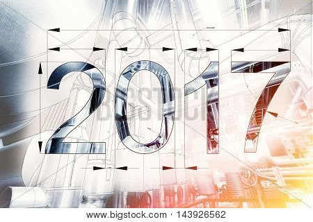Card Of New Year 2017 As Blueprint Drawing Combined With Picture Of Equpment