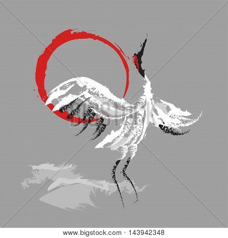 stylized dancing Japanese shadoof on the background the red sun and mountains