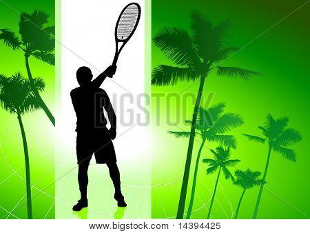 Tennisspieler auf grünen tropischen Hintergrund Original Vektor-Illustration