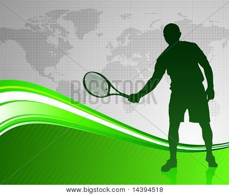 Tennisspieler auf grün abstrakt mit Welt-Karte-Original-Vektor-Illustration