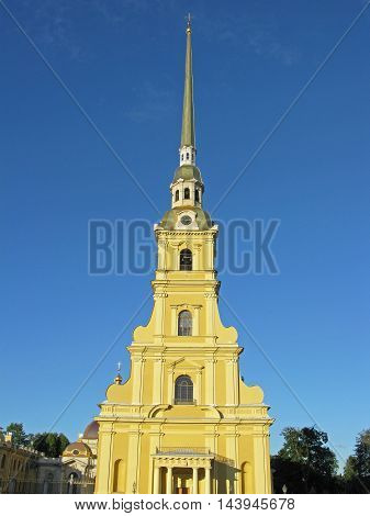 The bell tower of Peter and Paul cathedral. The belfry of Peter and Paul cathedral. Monument of architecture. Landmark. Tourist attraction. St. Petersburg, Russia.