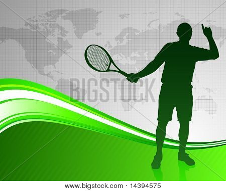 Tennisspieler auf grün abstrakt mit Welt-Karte-Original-Vektor-Illustration