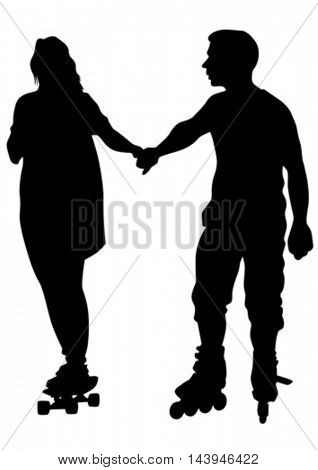 Silhouette of boy and girl on roller skates on white background