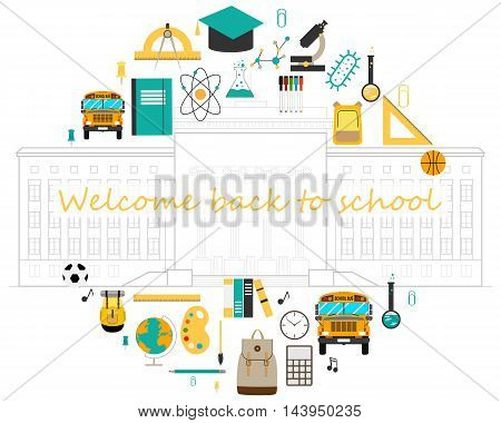 A set of school icons on a white background with School. Vector illustration