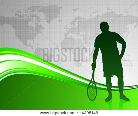 Tennisspieler auf grün abstrakt mit Welt-Karte-Original-Vektor-Illustration