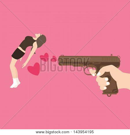 shot girl with gun kill with love heart symbol vector
