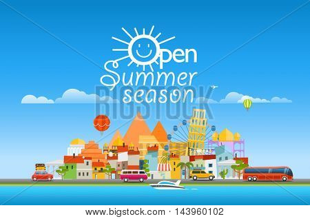 Open sunner season concept. Asia cityscape Vector travel illustration 