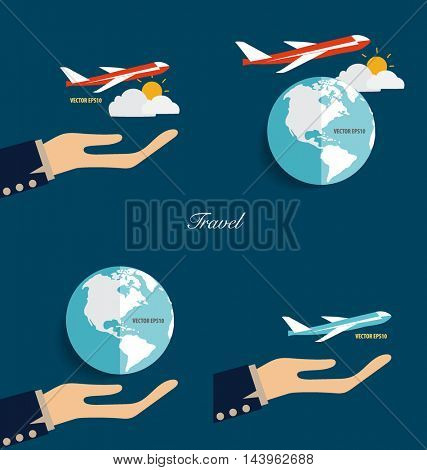 Hands holding modern globe and plane. Vector illustration