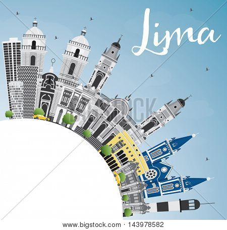 Lima Skyline with Gray Buildings, Blue Sky and Copy Space. Vector Illustration. Business Travel and Tourism Concept with Lima City. Image for Presentation Banner Placard and Web Site.