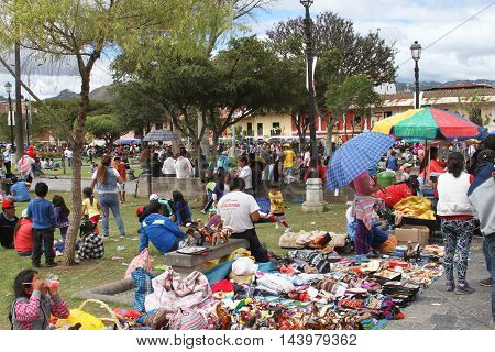 Cajamarca Peru - February 7 2016: Crowd of people in Plaza de Armas during Carnival parade in Cajamarca Peru on February 7 2016