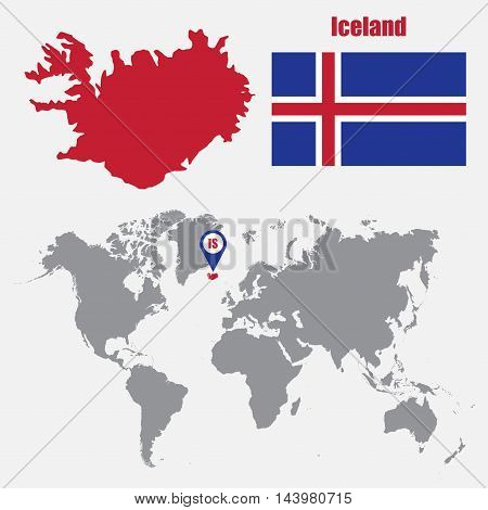 Iceland map on a world map with flag and map pointer. Vector illustration
