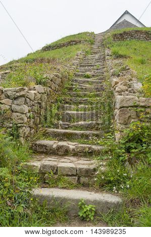 stairway at a megalithic grave mound named Saint-Michel tumulus near Carnac a commune in the Morbihan department of Brittany France