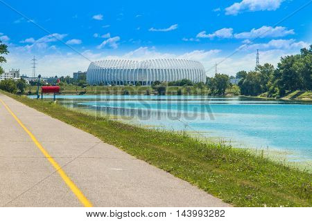 Jarun lake in Zagreb, Croatia, sunny summer day, Zagreb arena in background