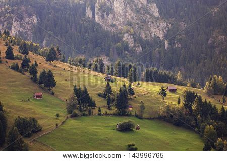 Summer landscape above the village in Moeciu de Sus - Bran, Romania