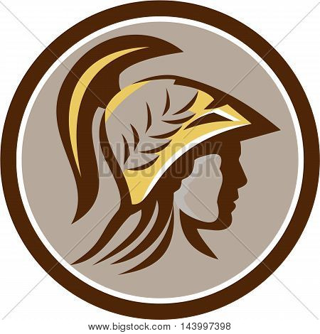 Illustration of Minerva or Menrva the Roman goddess of wisdom and sponsor of arts trade and strategy head wearing helmet with laurel crown viewed from side set inside circle done in retro style.