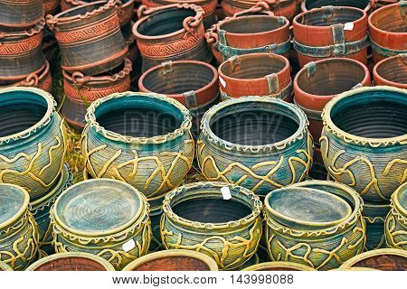 A Lot of Earthenware Crockery on the Pottery Market