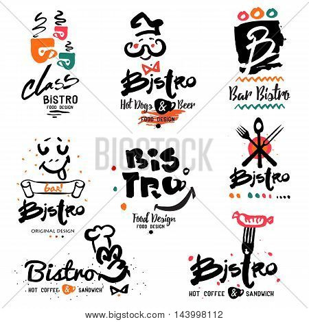 Bistro logo, images and design elements. Quick hot food symbols and illustration handmade