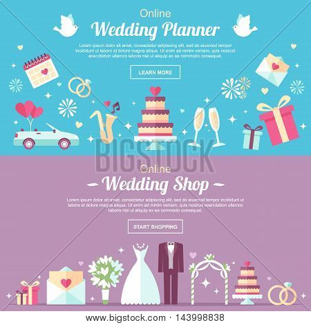 Vector header and banner design templates. For online wedding shop wedding planner or other wedding services. Flat style.