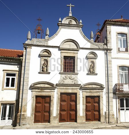 Facade Of The Church Of Mercy, Built In The 17th Century In Mannerist Style, In Mirandela, Tras Os M