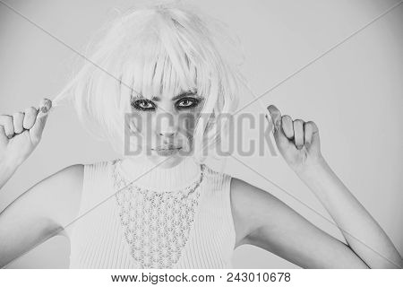 Woman Face Beauty. Fashion, Style, Visage. Girl With Smokey Eyes, Makeup Face. Woman Wear Pink Wig H