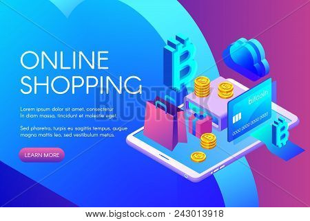 Online Shopping Vector Illustration Of Bitcoin Payment Or Cryptocurrency Card In Digital Trade Techn