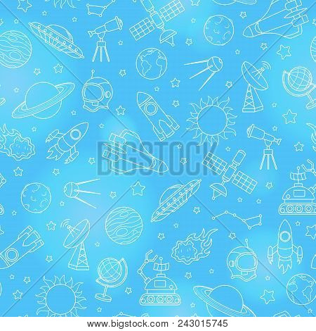 Seamless Pattern On The Theme Of Space And Space Flight, The White Contour Icons On Blue  Background