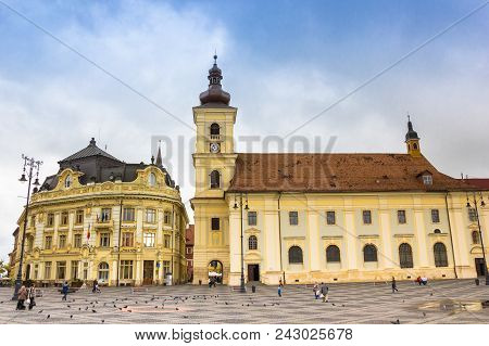 Sibiu, Romania - June 2, 2014: Piata Mare Central Square In Historical Sibiu, Romania