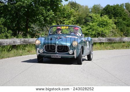 Pesaro Colle San Bartolo , Italy - May 17 - 2018 : Fiat 1100 Tv Trasformabile	1955 Old Racing Car In