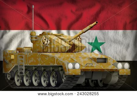 Light Tank Apc With Desert Camouflage On The Syrian Arab Republic Flag Background. 3d Illustration