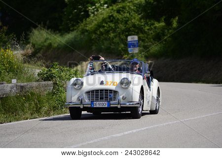Pesaro Colle San Bartolo , Italy - May 17 - 2018 : Triumph Tr 3 Sports	1956 On An Old Racing Car In 