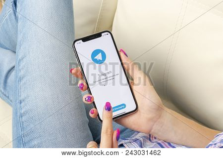Sankt-petersburg, Russia, May 30, 2018: Telegram Application Icon On Apple Iphone X Screen Close-up 