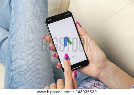Sankt-petersburg, Russia, May 30, 2018: Google Adwords Application Icon On Apple Iphone X Screen In 