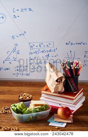 Back To School Concept, School Supplies, Assortment Of Biscuits, Paper Paper With Food And Transpare