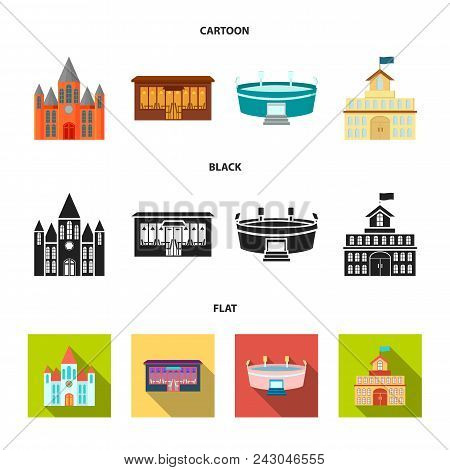 House Of Government, Stadium, Cafe, Church.building Set Collection Icons In Cartoon, Black, Flat Sty