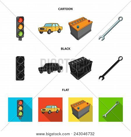 Traffic Light, Old Car, Battery, Wrench, Car Set Collection Icons In Cartoon, Black, Flat Style Vect