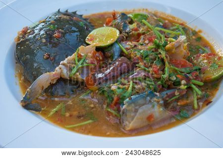 A Rawfood Of Fresh Roe Crab In Spicy Sauce Of Thai Recipe.