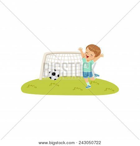 Cute Smiing Boy Threw The Ball Into The Goal, Kids Physical Activity Concept Vector Illustration Iso