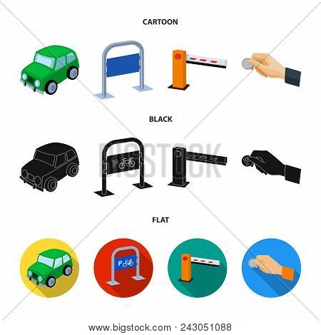 Car, Parking Barrier, Bicycle Parking Place, Coin In Hand For Payment. Parking Zone Set Collection I