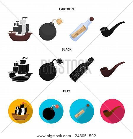 Pirate, Bandit, Ship, Sail .pirates Set Collection Icons In Cartoon, Black, Flat Style Vector Symbol